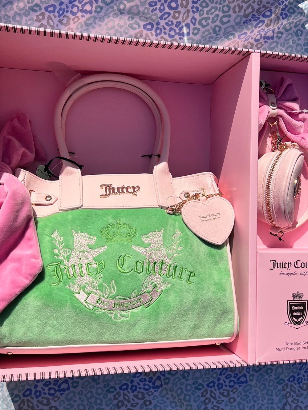 New Pink Green Juicy Couture Purse Scottie Dog Tote Bag Velour Vintage Style